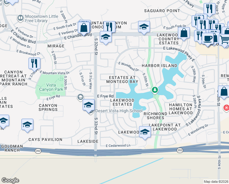 map of restaurants, bars, coffee shops, grocery stores, and more near South Lakewood Parkway West in Phoenix