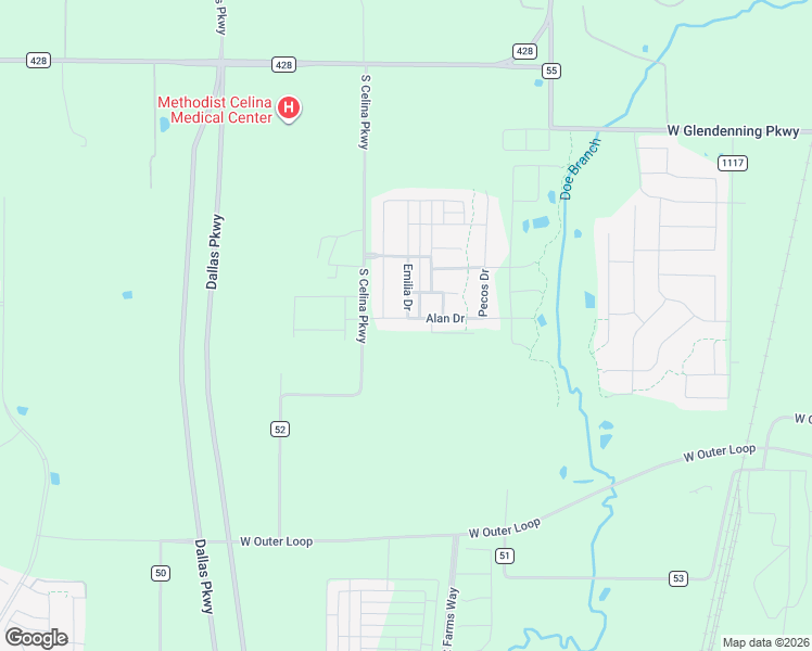 map of restaurants, bars, coffee shops, grocery stores, and more near 1516 Alan Drive in Celina