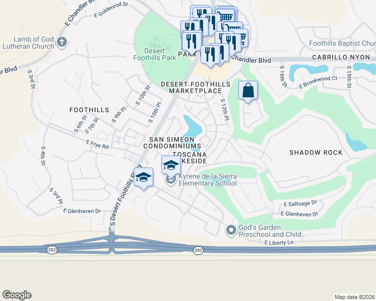 map of restaurants, bars, coffee shops, grocery stores, and more near 16013 South Desert Foothills Parkway in Phoenix