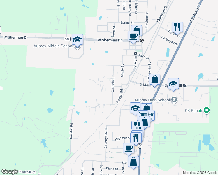 map of restaurants, bars, coffee shops, grocery stores, and more near 505 Bluebonnet Street in Aubrey