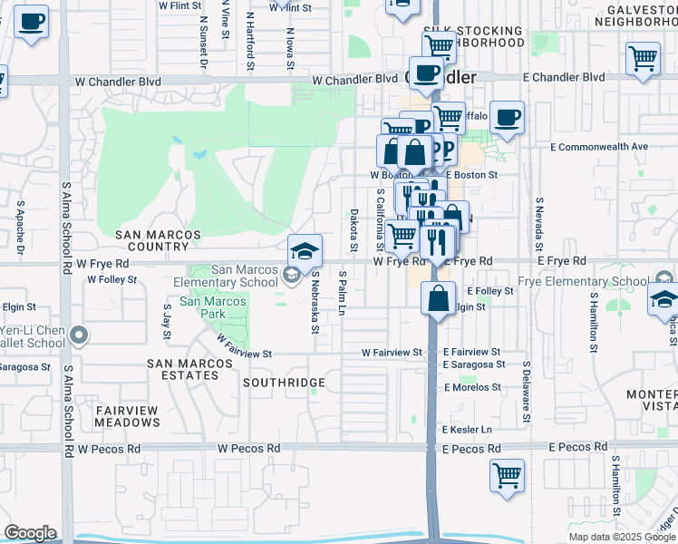 map of restaurants, bars, coffee shops, grocery stores, and more near 401 West Frye Road in Chandler