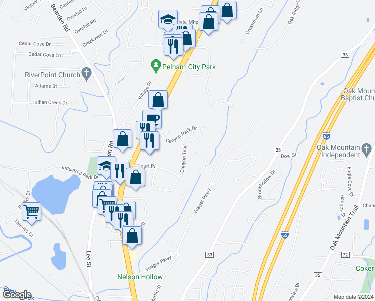 map of restaurants, bars, coffee shops, grocery stores, and more near 129 Canyon Trail in Pelham