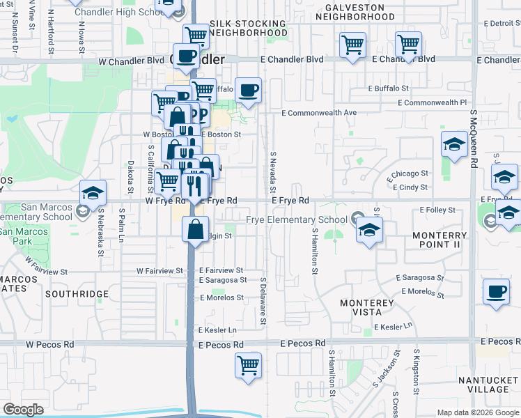 map of restaurants, bars, coffee shops, grocery stores, and more near 287 East Frye Road in Chandler