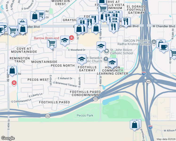 map of restaurants, bars, coffee shops, grocery stores, and more near 16242 South 47th Street in Phoenix