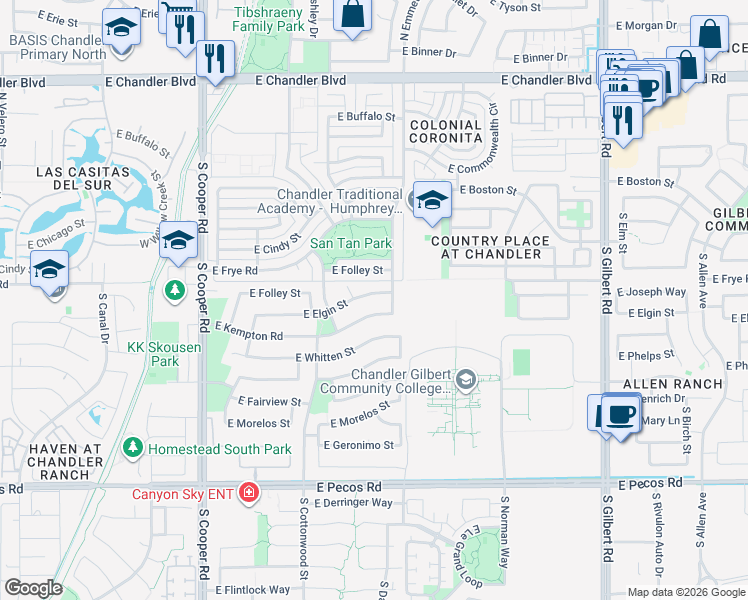 map of restaurants, bars, coffee shops, grocery stores, and more near 2461 East Elgin Street in Chandler