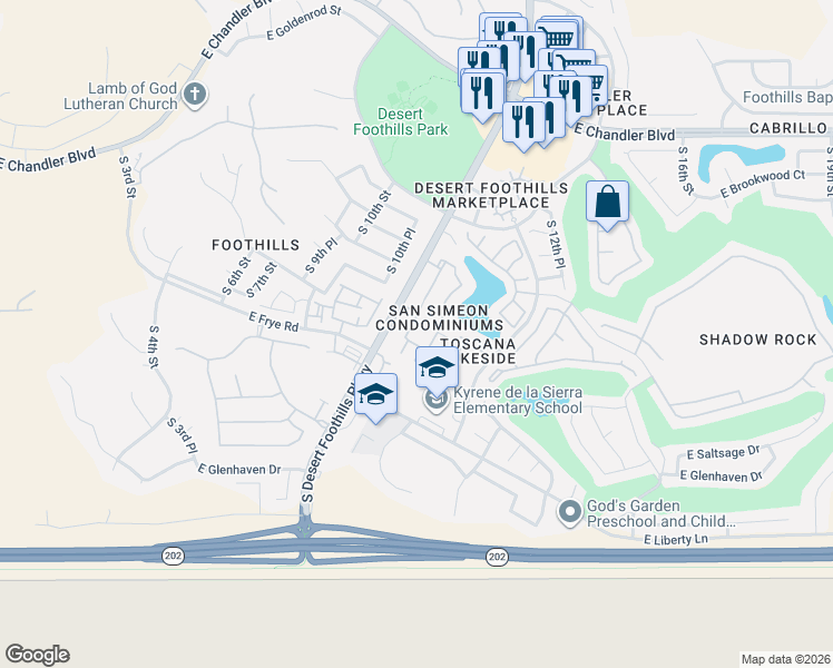 map of restaurants, bars, coffee shops, grocery stores, and more near 16013 South Desert Foothills Parkway in Phoenix