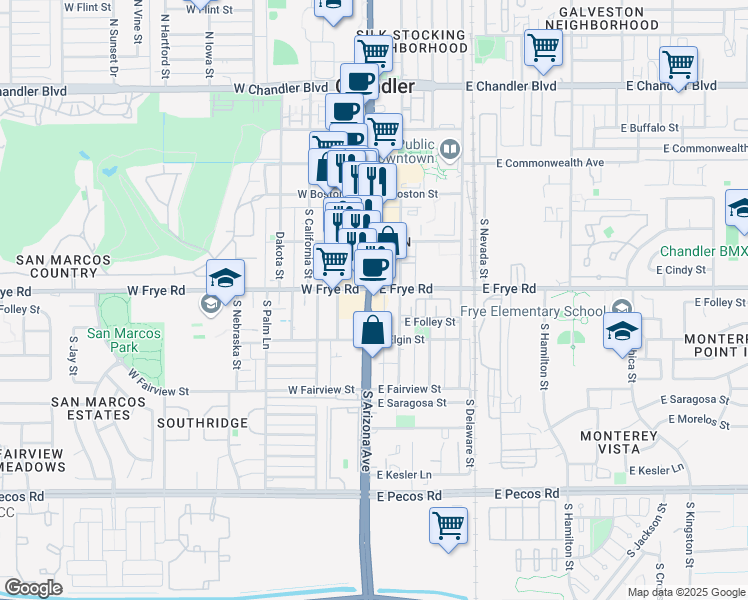 map of restaurants, bars, coffee shops, grocery stores, and more near 303 Arizona 87 in Chandler