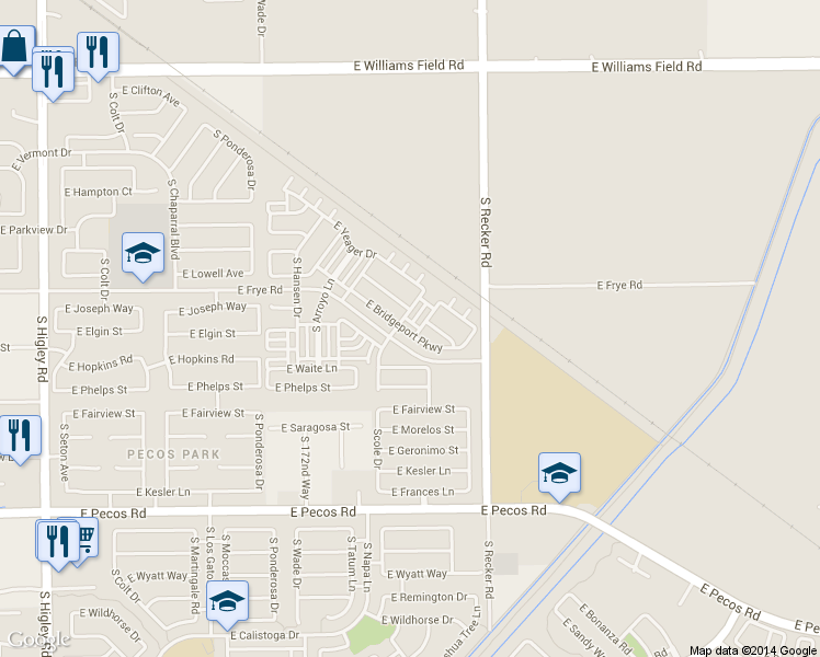 map of restaurants, bars, coffee shops, grocery stores, and more near 3864 East Bridgeport Parkway in Gilbert