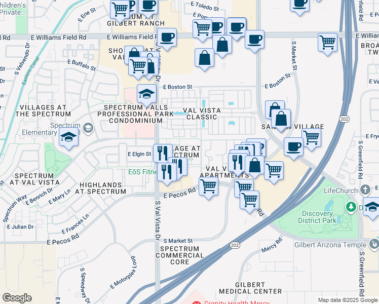 map of restaurants, bars, coffee shops, grocery stores, and more near 1723 East Joseph Way in Gilbert