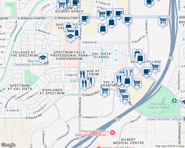 map of restaurants, bars, coffee shops, grocery stores, and more near 1723 East Joseph Way in Gilbert