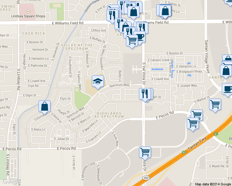 map of restaurants, bars, coffee shops, grocery stores, and more near 1424 East Elgin Street in Gilbert