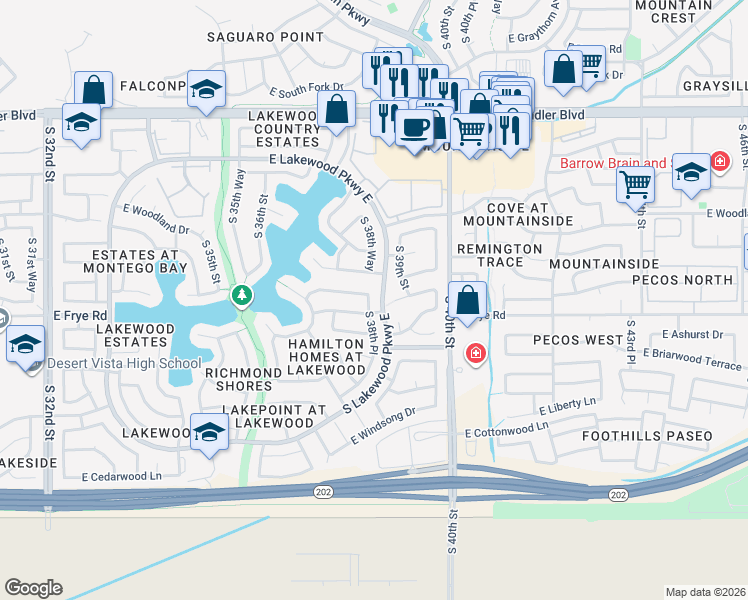 map of restaurants, bars, coffee shops, grocery stores, and more near 16215 South 38th Place in Phoenix