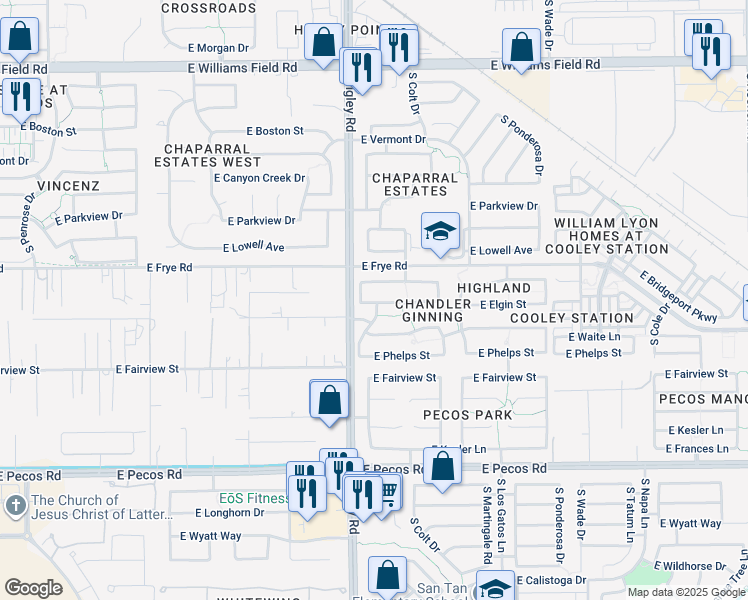 map of restaurants, bars, coffee shops, grocery stores, and more near 3240 East Elgin Street in Gilbert