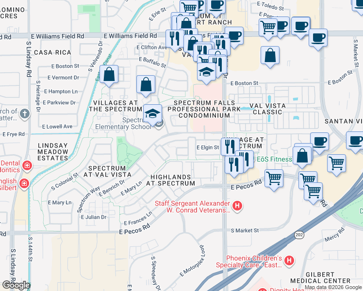 map of restaurants, bars, coffee shops, grocery stores, and more near 1424 East Elgin Street in Gilbert