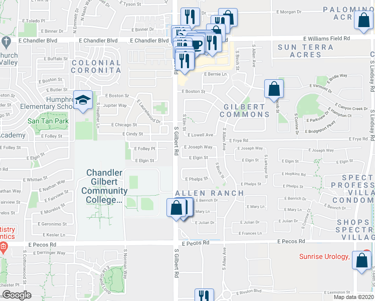 map of restaurants, bars, coffee shops, grocery stores, and more near 49 East Joseph Way in Gilbert