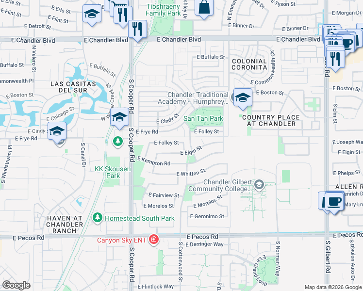 map of restaurants, bars, coffee shops, grocery stores, and more near 2273 East Folley Street in Chandler