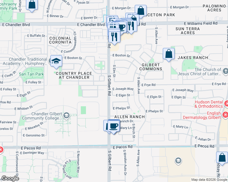 map of restaurants, bars, coffee shops, grocery stores, and more near 35 East Joseph Way in Gilbert
