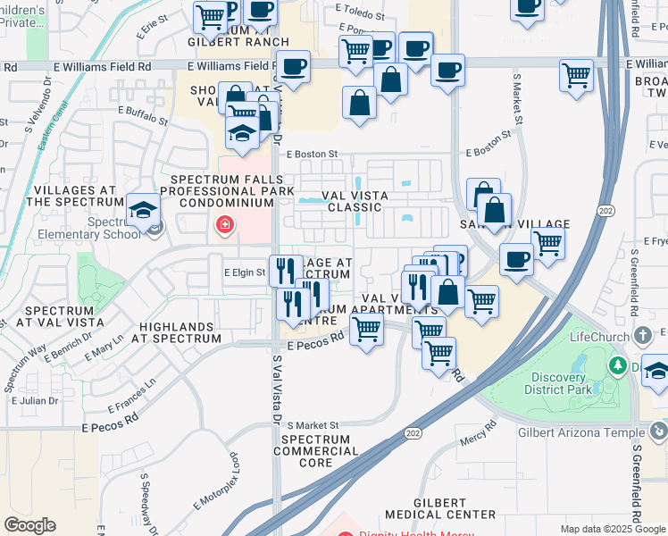 map of restaurants, bars, coffee shops, grocery stores, and more near 1723 East Joseph Way in Gilbert