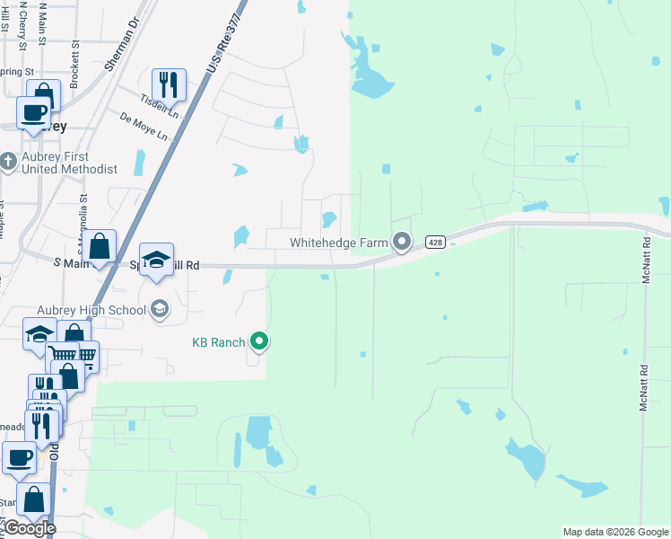 map of restaurants, bars, coffee shops, grocery stores, and more near 680 Spring Hill Road in Aubrey