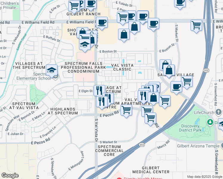 map of restaurants, bars, coffee shops, grocery stores, and more near 1723 East Joseph Way in Gilbert