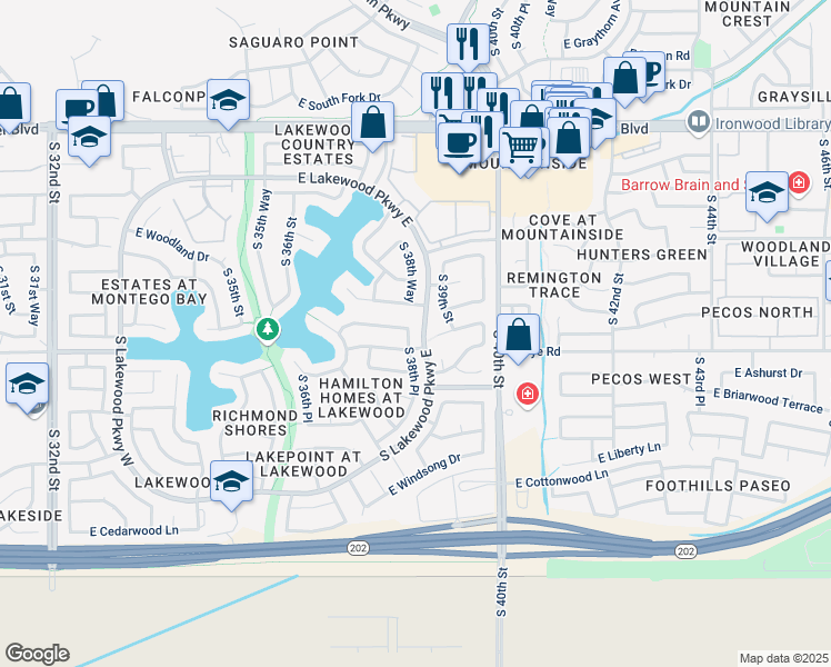 map of restaurants, bars, coffee shops, grocery stores, and more near 16215 South 38th Place in Phoenix