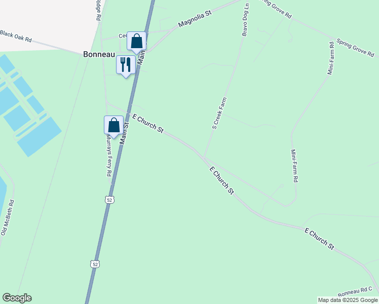 map of restaurants, bars, coffee shops, grocery stores, and more near 171 East Church Street in Bonneau