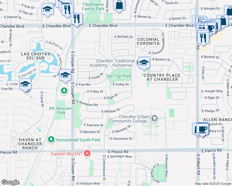 map of restaurants, bars, coffee shops, grocery stores, and more near 2410 East Elgin Street in Chandler