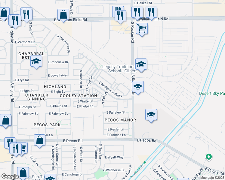 map of restaurants, bars, coffee shops, grocery stores, and more near 3864 East Bridgeport Parkway in Gilbert
