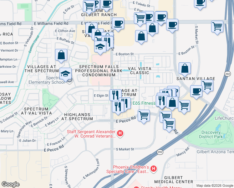map of restaurants, bars, coffee shops, grocery stores, and more near 1659 East Joseph Way in Gilbert