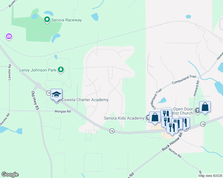 map of restaurants, bars, coffee shops, grocery stores, and more near 220 Kenwood Trail in Senoia