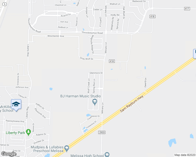 map of restaurants, bars, coffee shops, grocery stores, and more near 3815 White Summit Lane in Melissa