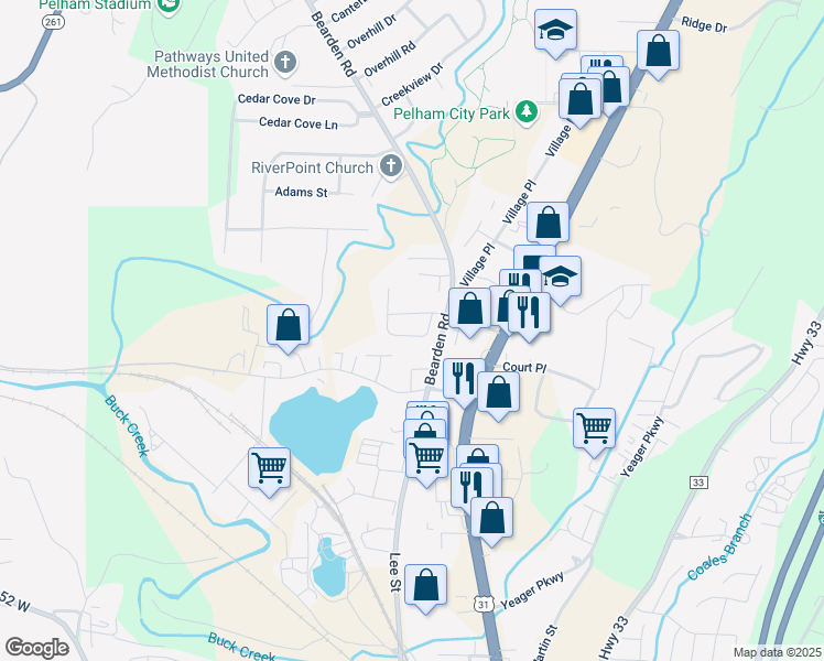 map of restaurants, bars, coffee shops, grocery stores, and more near 117 Chase Creek Circle in Pelham
