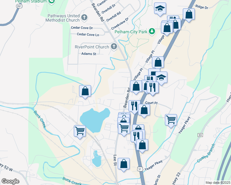map of restaurants, bars, coffee shops, grocery stores, and more near 117 Chase Creek Circle in Pelham