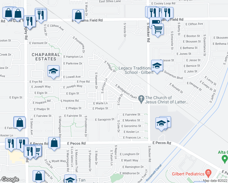 map of restaurants, bars, coffee shops, grocery stores, and more near 3764 East Sexton Street in Gilbert