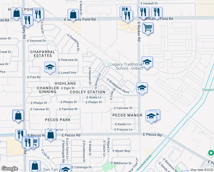map of restaurants, bars, coffee shops, grocery stores, and more near 3788 East Sexton Street in Gilbert