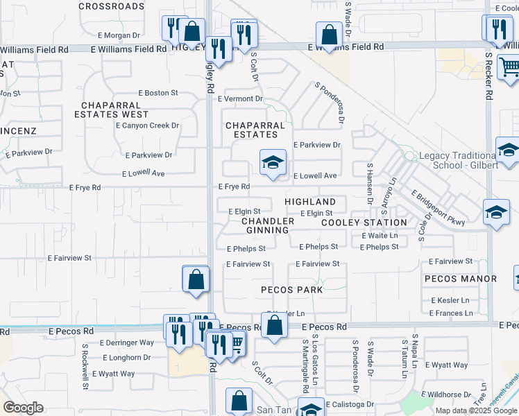map of restaurants, bars, coffee shops, grocery stores, and more near 3328 East Elgin Street in Gilbert