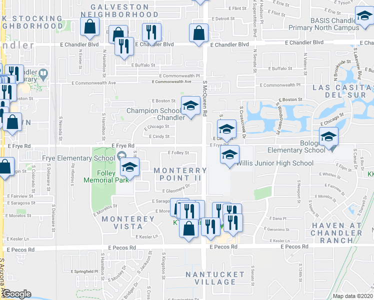 map of restaurants, bars, coffee shops, grocery stores, and more near 956 East Folley Street in Chandler