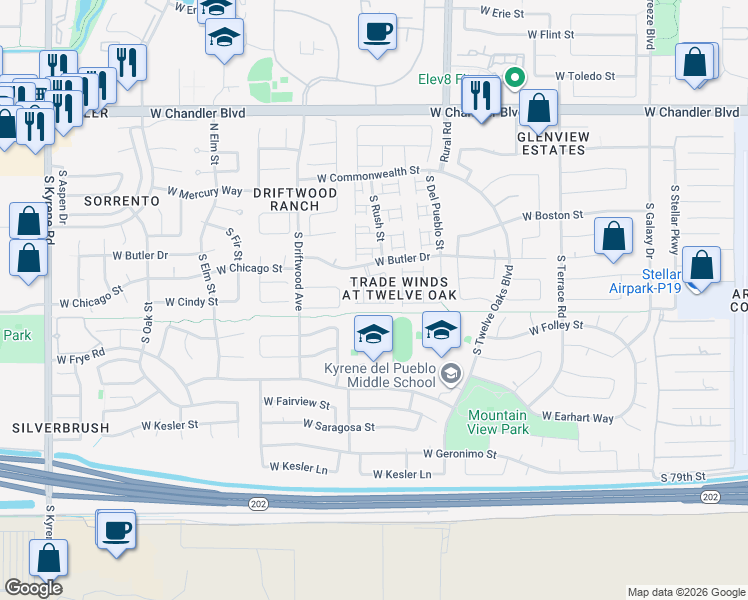 map of restaurants, bars, coffee shops, grocery stores, and more near 226 South Rush Circle in Chandler