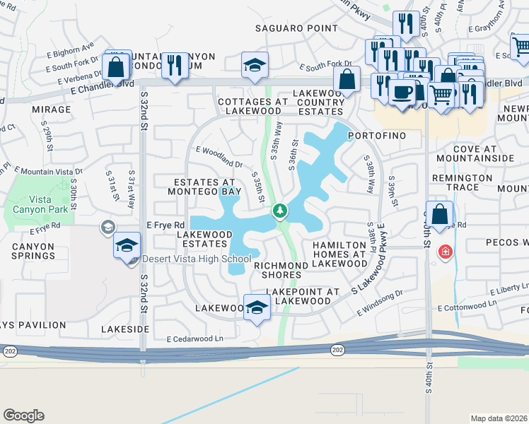map of restaurants, bars, coffee shops, grocery stores, and more near 15801 South Lakewood Parkway West in Phoenix
