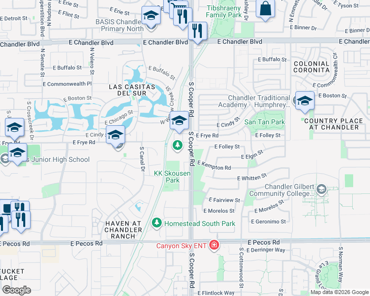 map of restaurants, bars, coffee shops, grocery stores, and more near 300 South Cooper Road in Chandler