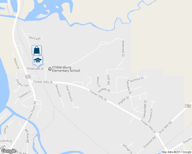 map of restaurants, bars, coffee shops, grocery stores, and more near 33 Wilson Drive in Childersburg