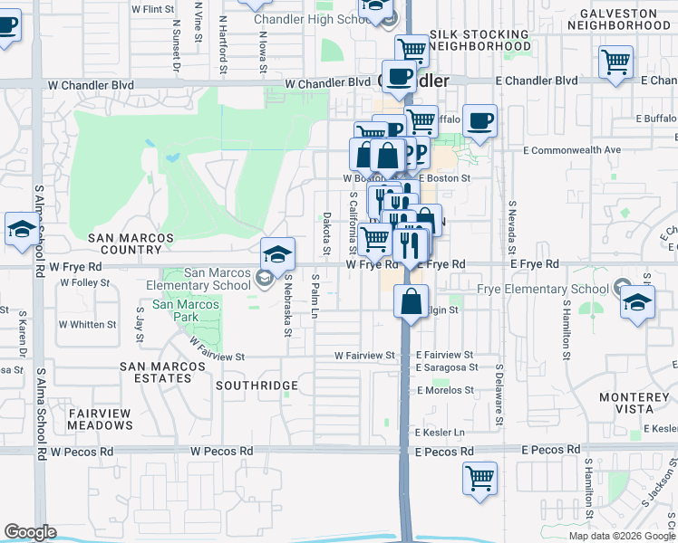 map of restaurants, bars, coffee shops, grocery stores, and more near 219 1/2 West Frye Road in Chandler