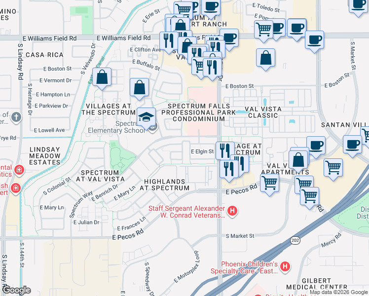 map of restaurants, bars, coffee shops, grocery stores, and more near 2845 South Granite Street in Gilbert