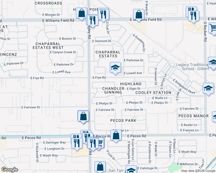 map of restaurants, bars, coffee shops, grocery stores, and more near 3328 East Elgin Street in Gilbert