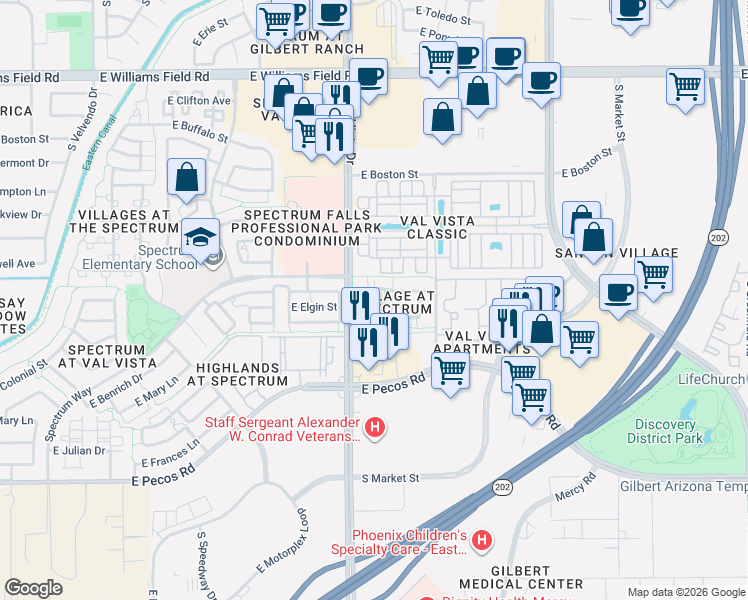 map of restaurants, bars, coffee shops, grocery stores, and more near 1659 East Joseph Way in Gilbert