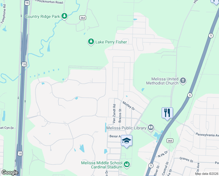 map of restaurants, bars, coffee shops, grocery stores, and more near 3713 Kendall Road in Melissa