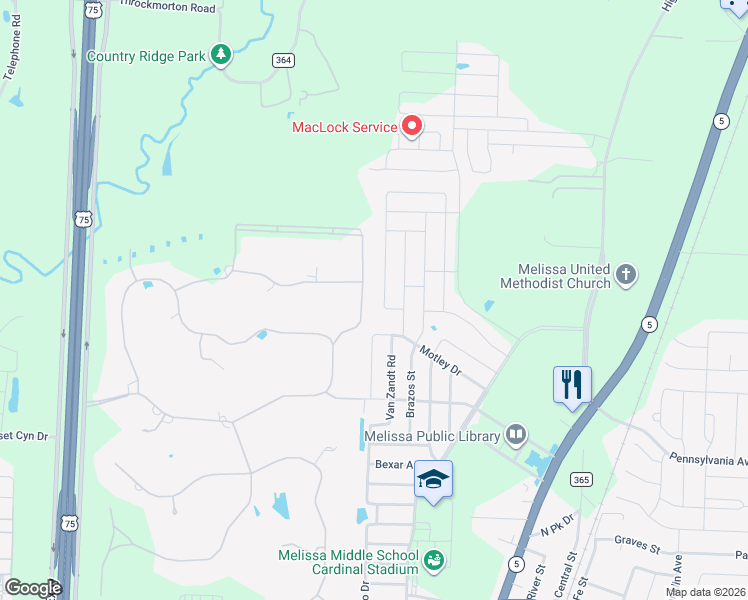 map of restaurants, bars, coffee shops, grocery stores, and more near 3713 Kendall Road in Melissa