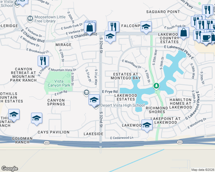 map of restaurants, bars, coffee shops, grocery stores, and more near 16240 South 32nd Place in Phoenix