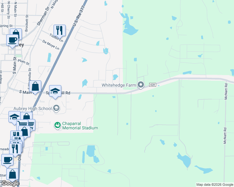 map of restaurants, bars, coffee shops, grocery stores, and more near 806 Spring Hill Road in Aubrey