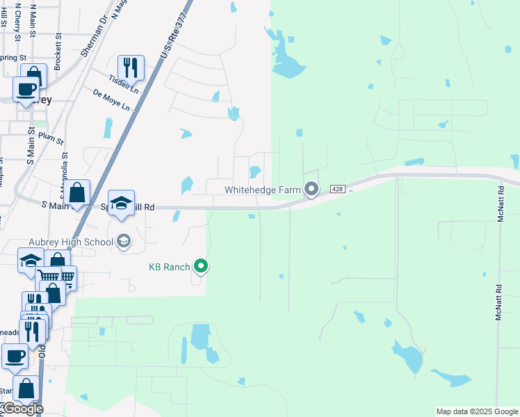 map of restaurants, bars, coffee shops, grocery stores, and more near 855 Spring Hill Road in Aubrey